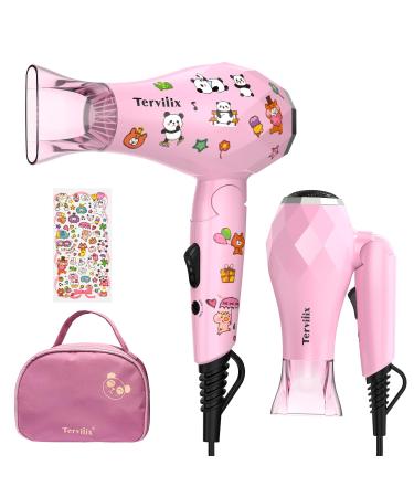 Terviiix Mini Portable Travel Hair Dryer Small Lightweight Blow Dryer 1000W Compact Hairdryer with DIY Stickers for Kids with Concentrate Nozzle Attachment for Travel Dual Voltage
