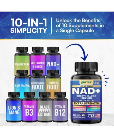 NAD+ Supplement with Liposomal NAD+ Nicotinamide Riboside Magnesium Vitamin B3 & B12 Resveratrol Turmeric Ashwagandha Lion s Mane 10-in-1 Extra Strength (2 Pack) 60 Count (Pack of 2) - Buy Online on GoSupps.com