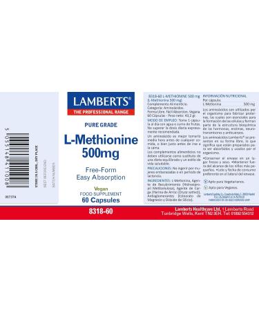 Lamberts LMETIONINA 500 mg 60 caps is a comprehensive supplement offered in convenient capsule form 60 units Paquete de 1 - Buy Online on GoSupps.com