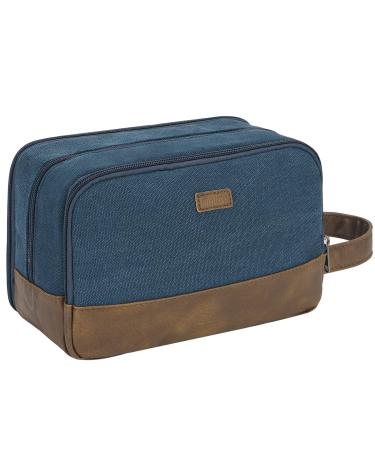 WANDF Travel Toiletry Bag for Men Hanging Dopp Kit Canvas Toiletry Organizer Water-Resistant Vegan Leather Shaving Bag for Toiletries Accessories (Blue)