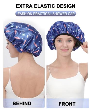 Terry Cloth Lined Shower Cap - YIZIJIZI Triple Layer Waterproof Reusable Cap for Long Thick Hair, Blue Flower & Leaf Design - Buy Online on GoSupps.com