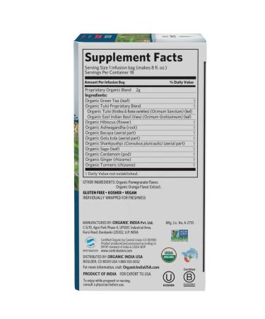 Organic India Tulsi Focus Infusion Bags - Pomegranate Orange, 18 Bags (1.31 oz) - Boost Concentration & Wellness - Buy Online on GoSupps.com