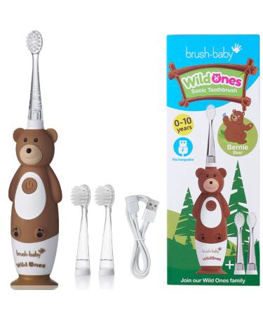 Brush-Baby WildOnes Kids Electric Rechargeable Toothbrush Bear, 1 Handle, 3 Brush Head, USB Charging Cable, for Ages 0-10 (Bear)