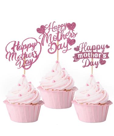 60Pcs Happy Mother's Day Cupcake Toppers Glitter Hollow Heart Love Mother Birthday Cupcake Picks for Mother's Day Party Cupake Decorations Pink
