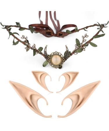 MOSTORY Elf Ears with Woodland Moon Forest Headpiece Cosplay Costumes Fairy Leaf Crown Headband and 2 Pairs Soft Elven Ears with Crystal for Women Womens Halloween Party Birthday Bridal