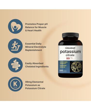 Potassium Citrate Supplement 99mg 500 Capsules | Easily Absorbed Chelated Form Essential Mineral Electrolyte Balance Supports Muscle Bone & Heart Health Non-GMO Potassium Citrate 500 Count (Pack of 1) - Buy Online on GoSupps.com