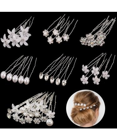 AUXSOUL 30Pcs Bridal Hair Pins Crystal Pearl Hair Pins U Shaped Diamond Hair Pins Wedding Rhinestone Hair Clip for Women Girl (6 styles)