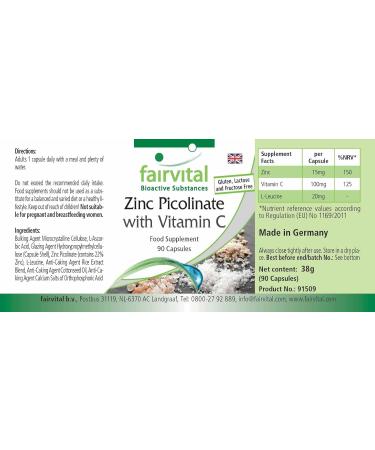 Fairvital | Zinc Picolinate with Vitamin C 15mg Zinc per Capsule 90 Capsules - Pure Substance - Buy Online on GoSupps.com
