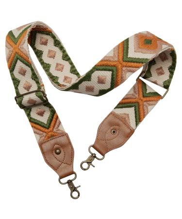 OllarKt Purse Strap 2" Wide Purse Straps Replacement Crossbody Adjustable Leather Bag Strap with Vintage Jacquard Embroidery Bohemia Pattern Green Orange Embroidery
