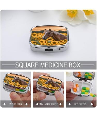Yellow Sunflower Horse Print Pill Box | 2 Compartment Decorative Metal Organizer for Travel | Portable Medicine Case for Pocket & Purse - Buy Online on GoSupps.com