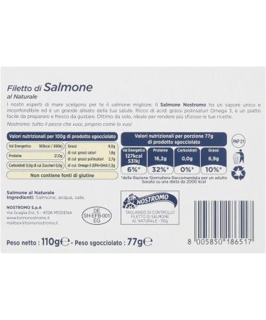 Nostromo Filetti di Salmone al Naturale Lot de 5 filets de saumon naturels 110 g + 1 paquet de poudre de talc Felce Azzurra 100 g - Buy Online on GoSupps.com