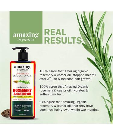 AmazingOrganics 100% Pure Organic Rosemary and Castor Oil - Cold-Pressed for Healthy Hair, Skin, Nails, Eyebrows, and Eyelashes - 250ml - Buy Online on GoSupps.com