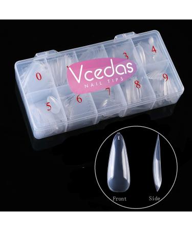 Vcedas 500PCS Stiletto Long Full Cover Nail Tips - Clear Pointed False Nails for Acrylic - 10 Sizes in Box - Buy Online on GoSupps.com