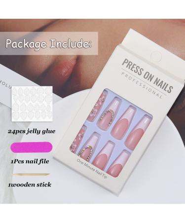 White Flower French Tip Press on Nails - 24 pcs Medium Coffin Nail Kit with Rhinestones - Elegant Acrylic False Nails for Spring - Full Cover Glossy Finish - Buy Online on GoSupps.com
