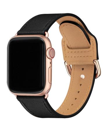 POWER PRIMACY Bands Compatible with Apple Watch Band 38mm 40mm 41mm 42mm 44mm 45mm 49mm, Top Grain Leather Strap Compatible for Men Women iWatch Series 8 7 6 5 4, SE (Black/Rosegold) Black/Rosegold 38mm 40mm 41mm
