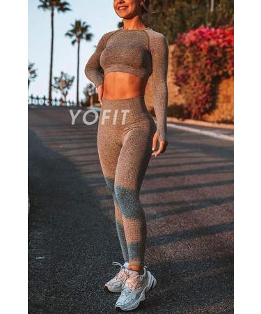 YOFIT Women's Seamless High Waist Yoga Leggings & Crop Top Set - Grey - Buy Online on GoSupps.com