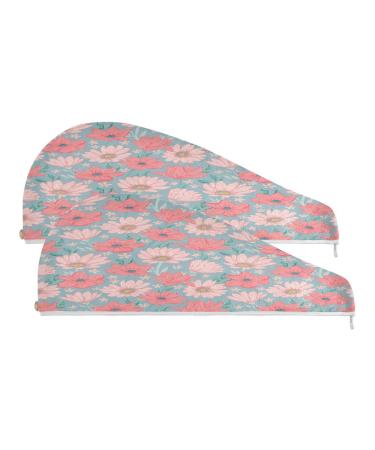 Pink & Red Floral Dry Hair Cap 2 Piece Quick Drying Towel Set with Button Headband Super Absorbent Soft & Comfortable