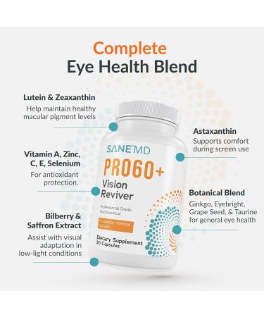 SANE MD PRO60+ Vision Reviver Eye Supplement for Adults 60+ with Lutein, Zeaxanthin & Astaxanthin 30 Capsules - Buy Online on GoSupps.com