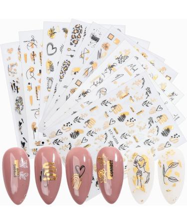 Nine Sheets Gold Nail Art Stickers Decals - Abstract Face, Eye, Flowers, Palm Tree Designs - Self Adhesive Manicure Tips for Women and Girls - Buy Online on GoSupps.com