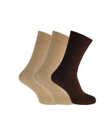 Women's Extra Wide Comfort Fit Diabetic Travel Socks Gentle Grip Loose Top Socks (3 Pair Pack) 4-8 Brown Mix