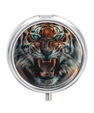 Pill Box Pill Case 3 Compartment Travel Pill Box Tiger Opens Its Mouth Printing Small Pill Box Portable Medicine Pill Case Pill Organizer for Purse & Pocket for Travel Handbag (Round)