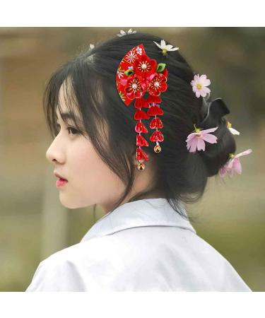 Japanese Style Cloth Hairpin Tassel Fans Shape Barrette with Bells Kimono Flower Headdress Traditional Clothes Cosplay Hair Decoration Accessory for Women Red - Buy Online on GoSupps.com