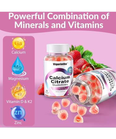 Calcium Citrate Gummies 1200mg with Magnesium Vitamin D3 K2 Calcium Supplements for Women & Men- Easy to Digest Vegan Gluten Free Sugar Free- Strawberry Flavor 120 Calcium Gummies 60 Count (Pack of 2) - Buy Online on GoSupps.com