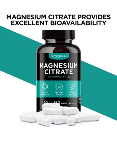 Magnesium Citrate 400mg Capsules - 180 Count | Non-GMO Natural Sleep & Relax Supplement | Made in USA - Buy Online on GoSupps.com