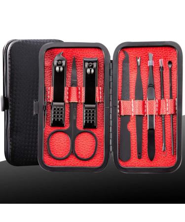 Manicure Kit Nail Clippers Set Stainless Steel Professional Pedicure Black 8 in 1 Grooming Nail Scissors Cutter Ear Pick Tweezers Scissors Eyebrow Nail file ... for Man&Women gift (black/red_8in1)