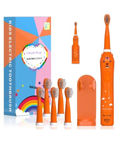 Kids Sonic Electric Toothbrush Rechargeable Smart Toothbrush for Children Toothbrush for Toddlers Boys Girls Age 3-12 with 30s Reminder 2 Mins Timer 6 Modes 6 Brush Heads Wall-Mounted Holder 8650 Orange+ 6 Heads+ Stand