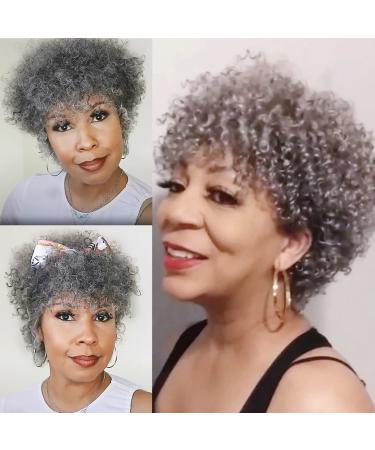 FLACE Grey Wig for Women Afro Kinky Curly Human Hair Wig Black Grey Wig Glueless Grey Wig with Bangs Human Hair Short Grey Wigs 150% Density grey afro curly