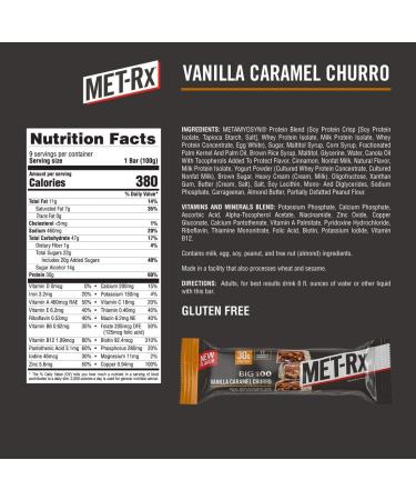 MET-Rx Big 100 Meal Replacement Bars - Vanilla Caramel Churro (9 Bars, 3.52 oz Each) - Buy Online on GoSupps.com