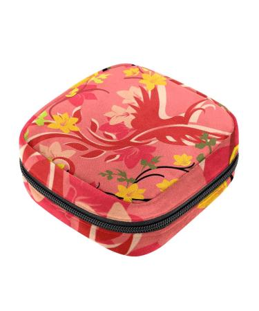 Menstruation pad bag with zipper women's napkin bag tampons collective bags for women and girls (red phoenix and flowers)