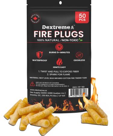 Dextreme Fire Plugs 50 Pcs Weatherproof Fire Starter for Campfires, Emergencies, Survival, Fire Pits, Grills | Can Light 50+ Fires | 5+ Minute Burn | All Natural | Made in North America