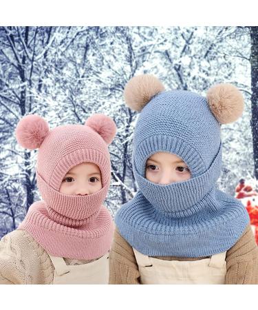 Kids Winter Warm Knitted Hood Hat with Double Pom Pom Design - Blue | Fleece Lined Earflap Beanie Cap for Toddlers Boys Girls 1-3 Years - Buy Online on GoSupps.com