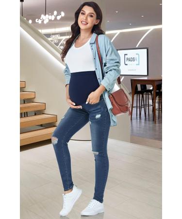 PACBREEZE Maternity Jeans Over Belly Slim High Waist Denim Pants, Ripped Indigo Blue XXL - Buy Online on GoSupps.com