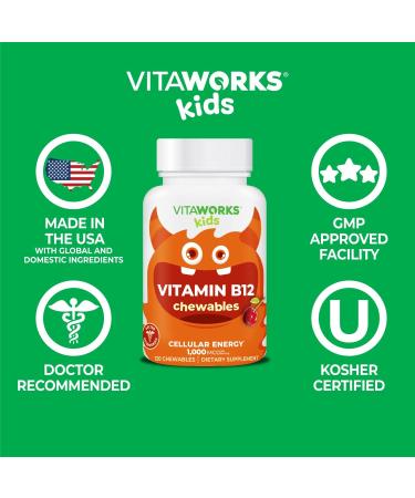 VitaWorks Kids Vitamin B12 1000 mcg Chewable Tablets - Natural Cherry Flavor - 120 Chewables | Vegan, GMO-Free, Gluten-Free, Nut-Free - Children's Cellular Energy Supplement - Buy Online on GoSupps.com