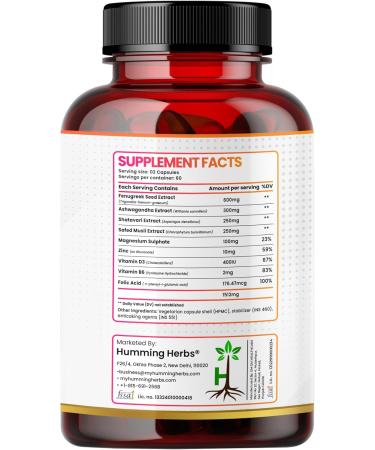 Humming Herbs Fenugreek Seed Extract Complex with Ashwagandha Shatavari Safed Musli Magnesium Zinc Vitamin D3 B6 & Folate 1512 mg per Serving 120 Capsules (60 Days) - Buy Online on GoSupps.com