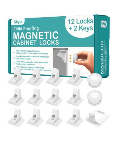 Magnetic Cabinet Locks (12-Pack 2 Keys) Baby Proofing & Child Safety by Skyla Homes - The Safest, Quickest and Easiest Multi-Purpose 3M Adhesive Child Proof Latches, No Screws or Tools Needed 12 Count (Pack of 1)