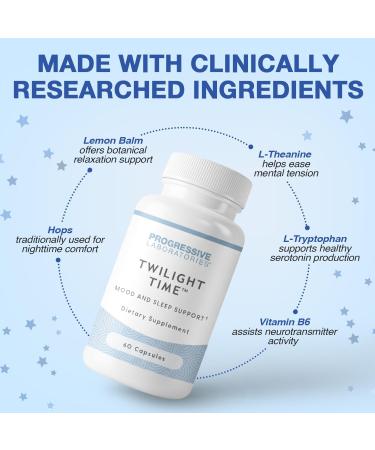 Twilight Time Targeted Mood Supplement with L-Tryptophan L-Theanine Lemon Balm Hops Melatonin & Vitamin B6 Aid to Help Ease Evening Tension & Support Restful Nights 60 Capsules - Buy Online on GoSupps.com