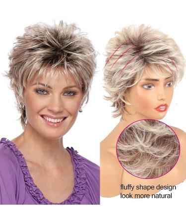 LEOSA Short Blonde Pixie Cut Wig with Bangs | Synthetic Wavy Curly Hair | Brown Ombre Blonde | Natural Fluffy | Heat Resistant - Buy Online on GoSupps.com