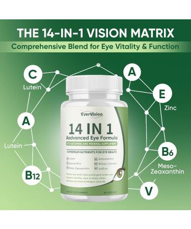 EVERVISION 14 in 1 Advanced Eye Formula Eye Supplement with Lutein Zeaxanthin Astaxanthin Bilberry Extract & Zinc Eye Vitamin and Mineral Supplement for Adults & Seniors 60 Capsules (1) - Buy Online on GoSupps.com