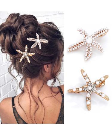 Bartosi Pearls Crystal Hair Clips Starfish Gold Hair Barrettes Bride Wedding Head Pieces Ponytail Holder Hair Accessories for Women and Girls (Pack of 2)
