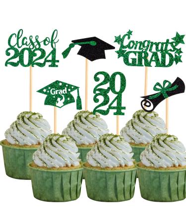 60 Pcs Graduation Cupcake Toppers Glitter Class of 2024 Cupcake Toppers 2024 Congrats Grad Cap Diploma Cupcake Picks for Graduation Theme Party Cake Decorations Green