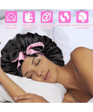 Jumbo Reversible Silk Satin Bonnet for Black Women - Adjustable Extra Large Night Cap for Braids and Curly Hair - Black Pink - Buy Online on GoSupps.com