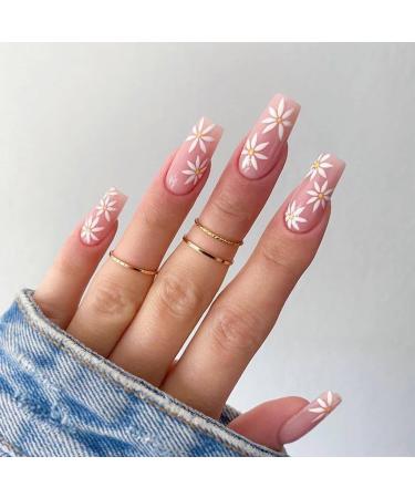 24pcs Medium Coffin False Nails Nude Pink Stick on Nails Daisy Flower Press on Nails Removable Glue-on Nails Fake Nails Women Girls Nail Art Accessories 0252Y49