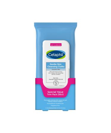 Cetaphil Face and Body Wipes, Gentle Skin Cleansing Cloths, 50 Count, Twin Pack, for Dry, Sensitive Skin, Flip Top Closure, Great for the Gym,Travel, in the Car, Hypoallergenic, Fragrance Free Face Wipes (Pack of 2)