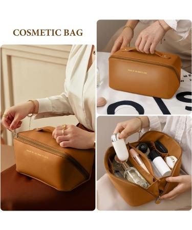 Aucuu Premium PU Cosmetic Travel Bag - Large Capacity Zipper Organizer, Waterproof & Portable - Brown-4 - Buy Online on GoSupps.com