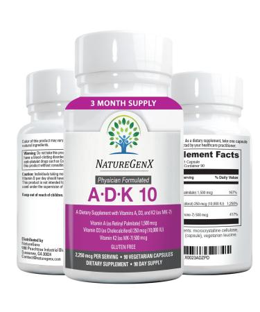 NatureGenX ADK 10 Supplement - Vitamins A D3 and K2 - Potent 10000 IU Vitamin D3 with Vitamin A Plus K2 for Bone Heart and Immune Health - 90 Easy-to-Swallow Capsules (3-Month Supply)
