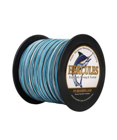 HERCULES Cost-Effective Super Strong 4 Strands Braided Fishing Line 6LB to 100LB Test for Salt-Water, 109/328 / 547/1094 Yards (100M / 300M / 500M / 1000M), Diam# 0.08MM - 0.55MM, Hi-Grade Blue Camo 30LB(13.6KG)-0.28MM-218